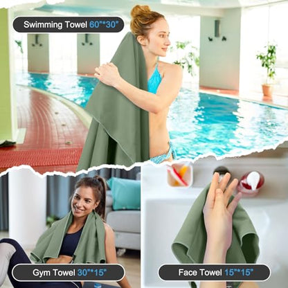 Quick Dry Travel Towel, 3 Sizes 1 Pack Camping Microfiber Towel, Lightweight Fast Drying Towels Set 60"x30", 30"x15", 15"x15" w/Bag for Gym, Beach, Hiking, Swimming, Army Green - color: Army Green