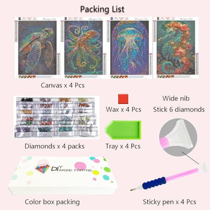 Muzagroo Art 5D Diamond Painting Kits for Adults, DIY Diamond Art Kits for Beginners, Turtle Diamond Dot Kits Gem Arts and Crafts for Living Room, Gem Painting Bedroom 4 PCS Wall Art - color: 06-Marine animals