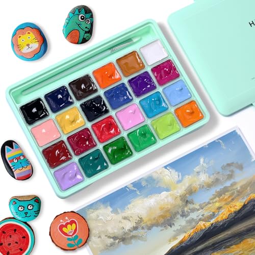 HIMI Gouache Paint Set, 24 Colors x 30ml Unique Jelly Cup Design with 3 Paint Brushes and a Palette in a Carrying Case, Non-Toxic Gouache Paint Perfect for Artists, Students(Green) - color: Green