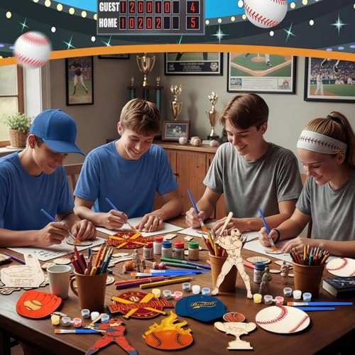 Saypacck 24 Pcs Baseball Party Favors Wooden Paint Craft Kits | Baseball Themed Craft Kit for Kids Birthday Party, Goodie Bags Fillers, Thank You Gifts, Paints Brushes Included - style: Sport Theme