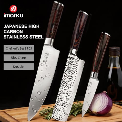 imarku 3 Pieces Knife set, Japanese HC Stainless Steel Kitchen Knife Set, Professional Chef Knife Set With Ergonomic Pakkawood Handle, Ultra Sharp Knives Set for Kitchen & Home Cooking, Best Gifts - color: Red-brown