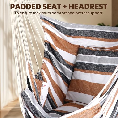 Chihee Hammock Chair Foot Rest 2 Cushions Max 485 lbs Metal Spreader Bar | Robust Hanging Chair Soft Cotton Blended Swing Collapsible Easy Storage Strong Strap Iron Carabiner Pocket Indoor Outdoor - color: Brown Stripes