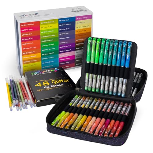 ColorIt Glitter Gel Pens for Coloring – 96 Pack with 48 Premium Glitter Gel Pens & 48 Refills with 1 Travel Case - Vibrant Colors for Journaling, Writing, Adult Coloring Books, and Creative Projects - style: 48 Glitter Gel Pens | 48 Refills