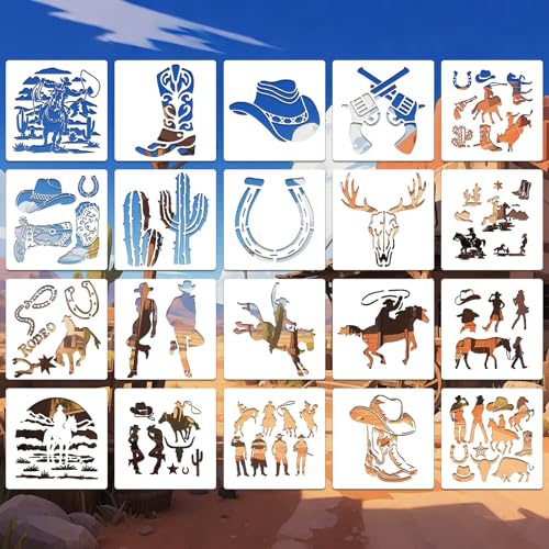 Western Cowboy Stencils for Crafts Reusable 20Pcs Stencils(6X6 Inch) | DIY Art Painting Stencil Furniture Decor Kit for Wood Embroidery Wall Silk Screen Journaling - color: Western Cowboy