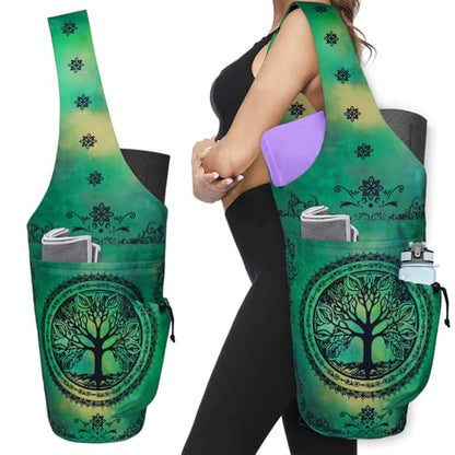 Yoga Mat Bag - Large Opening Long Tote Yoga Mat Carrier Holder Bag with Waterproof Wet Zipper Pocket and Drawstring Water Bottle Pocket - Yoga Bag Fit Most Size Mats - color: Tree of Life Green