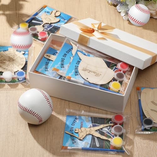 Saypacck 24 Pcs Baseball Party Favors Wooden Paint Craft Kits | Baseball Themed Craft Kit for Kids Birthday Party, Goodie Bags Fillers, Thank You Gifts, Paints Brushes Included - style: Sport Theme