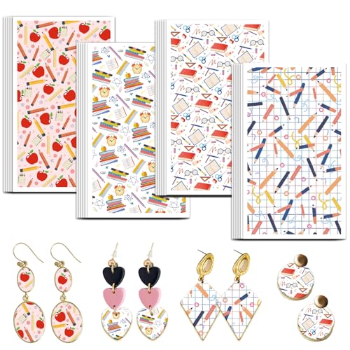 OLYCRAFT 24Pcs School Clay Transfer Paper 4 Styles Transfer Paper for Polymer Notebook Pencil Polymer Clay Transfer Sheets Ruler Alarm Small Transfer Paper for Clay Earrings Jewelry Making - style: School