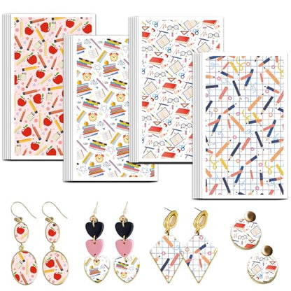 OLYCRAFT 24Pcs School Clay Transfer Paper 4 Styles Transfer Paper for Polymer Notebook Pencil Polymer Clay Transfer Sheets Ruler Alarm Small Transfer Paper for Clay Earrings Jewelry Making - style: School
