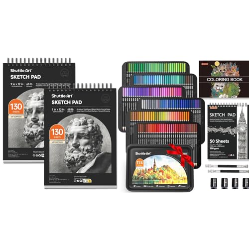 Shuttle Art Colored Pencils and Sketch Pad Bundle, Set of 174 Colors Professional Colored Pencils + 260 Sheets Sketch Pad