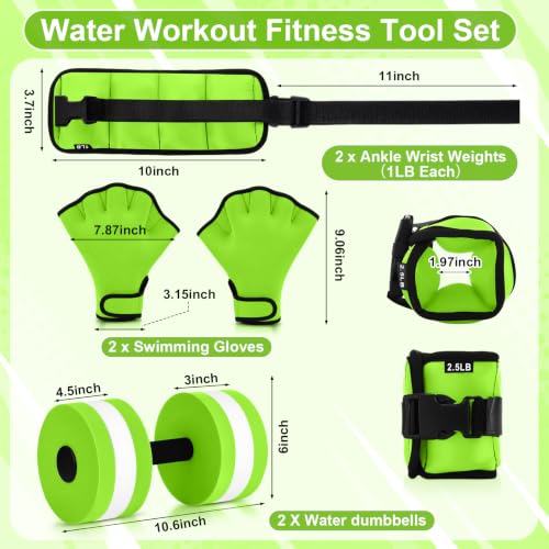 Hollowfly 6 Pcs Water Aerobics Equipment Set Full Body Pool Exercise Kit, 2 Aqua Dumbbells, 2 Adjustable Ankle/Wrist Weights, 2 Webbed Swim Gloves, Low Impact Aquatic Workout Gear - color: Green, size: 2.5lb