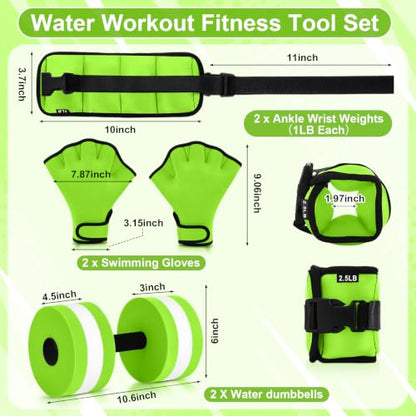 Hollowfly 6 Pcs Water Aerobics Equipment Set Full Body Pool Exercise Kit, 2 Aqua Dumbbells, 2 Adjustable Ankle/Wrist Weights, 2 Webbed Swim Gloves, Low Impact Aquatic Workout Gear - color: Green, size: 2.5lb