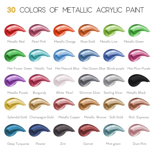 Metallic Acrylic Paint Set of Premium 30 Colors, Professional Grade Metallic Paint with 1fl oz（30ml） Bottles, Non-Toxic, Rich Pigments - For Artists, Hobby Painters, Kids