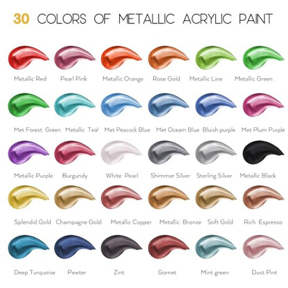 Metallic Acrylic Paint Set of Premium 30 Colors, Professional Grade Metallic Paint with 1fl oz（30ml） Bottles, Non-Toxic, Rich Pigments - For Artists, Hobby Painters, Kids