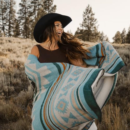 Aztec Blanket with Soft Sherpa Fleece, Southwestern Blankets for Camping, Boho Throws - color: Aqua Blue, size: 60" x 80"