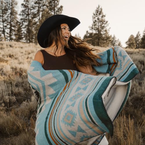 Aztec Blanket with Soft Sherpa Fleece, Southwestern Blankets for Camping, Boho Throws - color: Aqua Blue, size: 60" x 80"