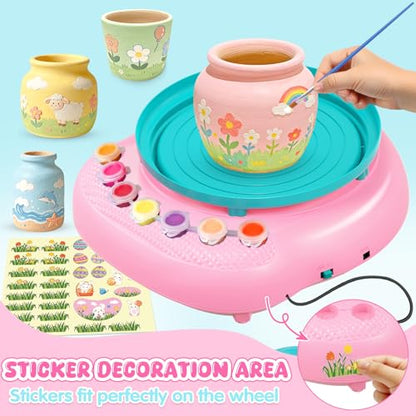 Weilim Pottery Wheel for Kids Beginners, Air-Dry Clay & Paint Kit Ages 6-12 | 3 Clay Packs, 14 Paint Colors, Sculpting Tools, Brushes, Palette,Apron; Gentle Beginner Spin, USB Rechargeable, No Oven - color: Easter
