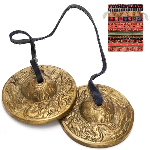 Meditation Chime Bells, 6.3 cm with Embossed Dragon Pattern | Tibetan Tingsha Cymbals with Drawstring Cloth Bag, Meditation Brass Bells for Percussion Instrument, Sound Healing, Yoga