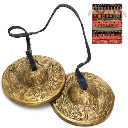 Meditation Chime Bells, 6.3 cm with Embossed Dragon Pattern | Tibetan Tingsha Cymbals with Drawstring Cloth Bag, Meditation Brass Bells for Percussion Instrument, Sound Healing, Yoga