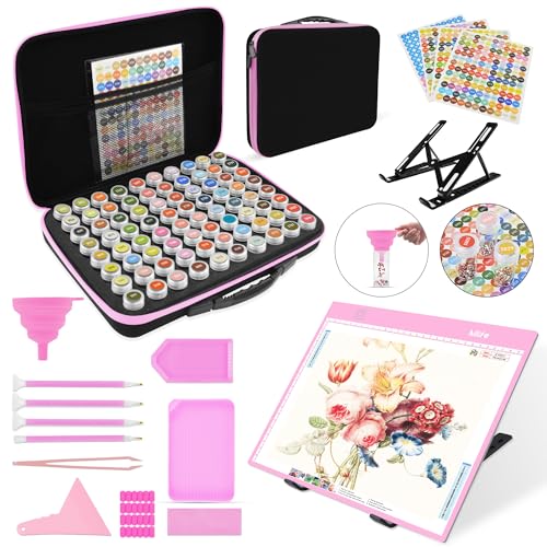 Mlife Diamond Art Painting Storage Boxes,1 Diamond Painting A4 Light Box Tracing Light Board with 3 Brightness, 80 Slots Bead Storage with 5D Diamond Art Accessories and Tools Kit（Light-Pink） - color: pink