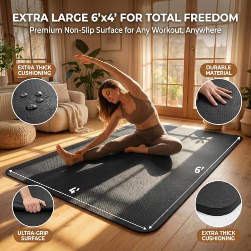 Large Yoga Mat 6'x 4'（72”x 48”）—1/4" &1/3" Extra Wide Exercise Mat 183cm x 122cm Large Exercise Mat Big Home Yoga Mat Pilates Mat,Non Slip,Thick,TPE Workout Mat,for Women & Men, Yoga, Pilates, Gym and Floor Workouts Pilates - color: Black—6mm