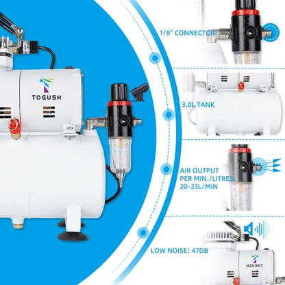 Airbrush Compressor Kit, 3 Airbrushes for Hobby Painting | 1/6HP compressor with 3L tank & 3 airbrushes delivers stable airflow for model painting, crafts, DIY projects and artwork