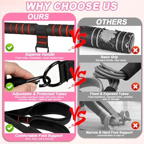 Pedal Resistance Band with Handles, 30-90LB Adjustable Thai Natural Rubber Resistance Bands, 3 Removable Covered Tubes, Full Body Workout Equipment for Abs Arms Legs Waist - color: Black
