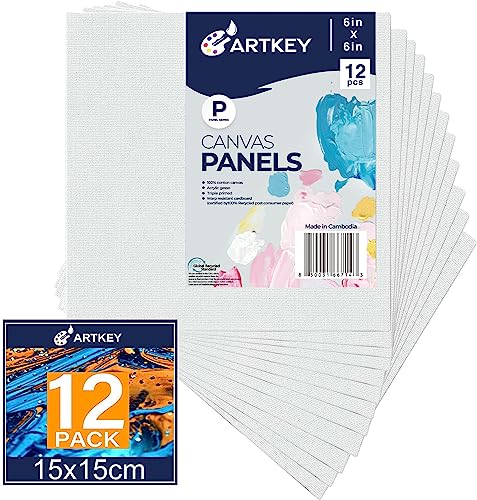 Artkey Canvas Panels 6x6 Inch 12-Pack, 10 oz Primed 100% Cotton White Blank Canvases for Painting, Square Flat Canvas Board for Oil Acrylics Watercolor & Tempera Paints - size: 6"x6", style: 12-Pack