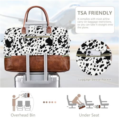 Large Women Travel Weekender Bag: Carry on Duffle with Shoe Compartment | Overnight Duffel Bags with Wet Pocket, Crossbody & Toiletry Bag, 3PCS Womens Traveling Tote Set for Hospital Gym Weekend Trip - color: Black Cow Print