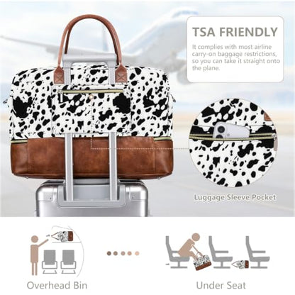 Large Women Travel Weekender Bag: Carry on Duffle with Shoe Compartment | Overnight Duffel Bags with Wet Pocket, Crossbody & Toiletry Bag, 3PCS Womens Traveling Tote Set for Hospital Gym Weekend Trip - color: Black Cow Print