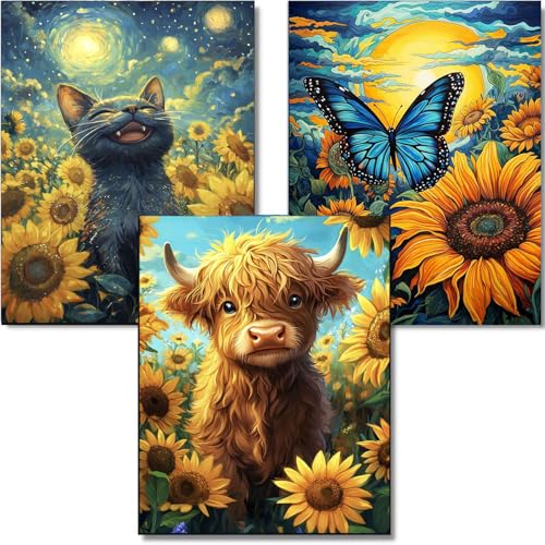 OFRKE Diamond Painting Kits for Adults, 3 Pack Sunflower Animal DIY 5D Diamond Art Kits for Adults Beginners Full Round Drill Diamond Crystal Craft Kits for Home Wall Art Decor Gifts 12x16 inch - color: 3pcs-Sunflower