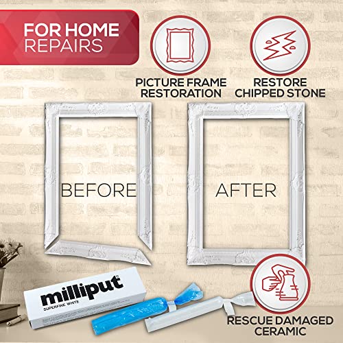 Milliput Superfine White Epoxy Putty 10 Pc Kit - Ceramic & Porcelain Repair | Fixes sinks, tubs, tiles and stone. Includes 6 double ended sculpting tools, sanding sponge, 2 pairs gloves and tips card