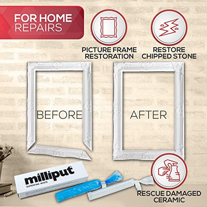 Milliput Superfine White Epoxy Putty 10 Pc Kit - Ceramic & Porcelain Repair | Fixes sinks, tubs, tiles and stone. Includes 6 double ended sculpting tools, sanding sponge, 2 pairs gloves and tips card