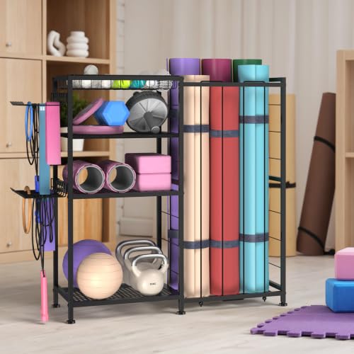 Yoga Mat Holder 4 Tier Home Gym Storage Rack with Hooks and Basket, Metal Sports Equipment Organizer for Dumbbells, Kettlebells, Exercise Balls and Sports Gear, Black