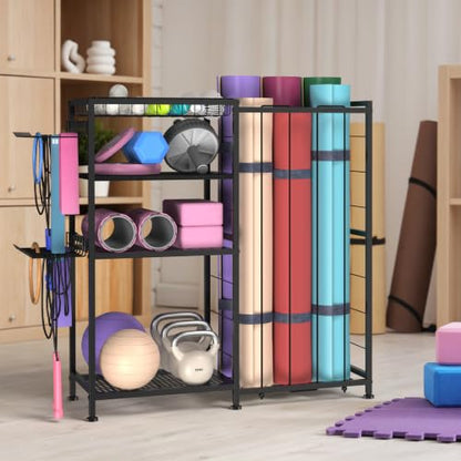 Yoga Mat Holder 4 Tier Home Gym Storage Rack with Hooks and Basket, Metal Sports Equipment Organizer for Dumbbells, Kettlebells, Exercise Balls and Sports Gear, Black