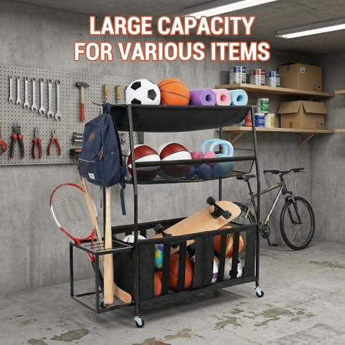 MyGift 3 Tier Sports Equipment Organizer Rolling Ball Storage Rack w/Hooks
