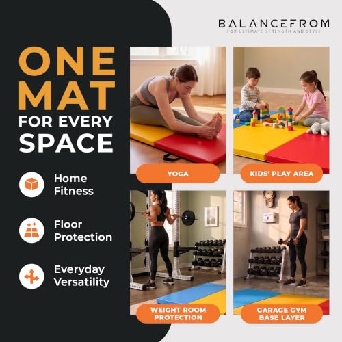 BalanceFrom 6x2 Feet 3-Panel Folding Gymnastics Mat – 1.5-Inch Thick Pad with Vinyl Surface and Carrying Handles for Tumbling, Yoga, Pilates, Home Workouts, and Martial Arts - color: Multi-Color