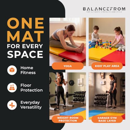 BalanceFrom 6x2 Feet 3-Panel Folding Gymnastics Mat – 1.5-Inch Thick Pad with Vinyl Surface and Carrying Handles for Tumbling, Yoga, Pilates, Home Workouts, and Martial Arts - color: Multi-Color