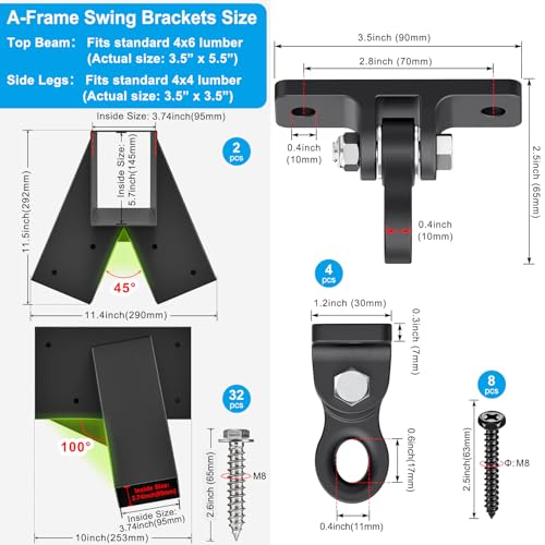 Dolibest Heavy Duty Swing Set Kit – Reinforced A-Frame Brackets & 4 Hangers, DIY Swing Set Hardware Kit for Backyard Garden - color: A: 2 Black Frame Bracket+4 Swing Hanger+2 Swing Seat
