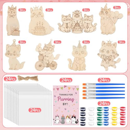 Saypacck 24 Pcs Cat Party Favors Wooden Paint Craft Kits | Cute Cat Designs, Includes Paints Brush Bag, For Girls Cowgirl Theme Goodie Bag Fillers, DIY Thank You Gifts - style: Cat