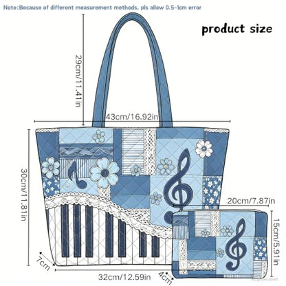 Quilted Tote Bag 2 Pack, Women's Tote Handbags for Work Travel - color: Denim Music Grey