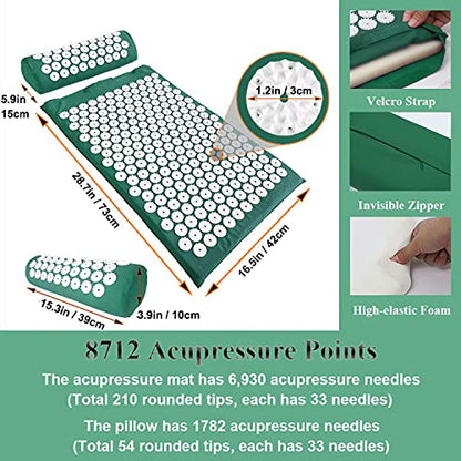 XiaoMaGe 28.7" Acupressure Mat and Pillow Set with Carry Bag (Green) - color: Green