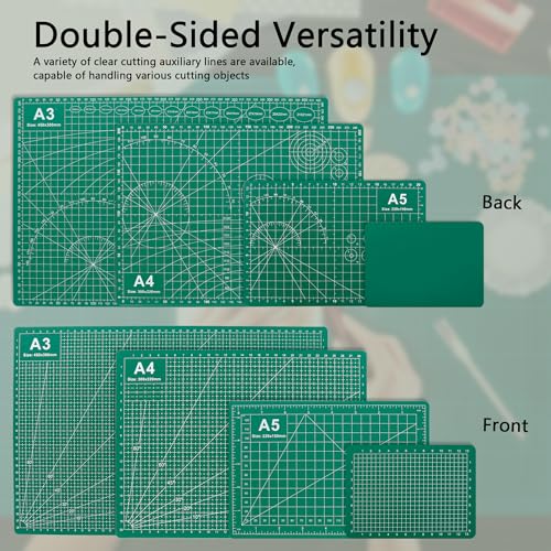 4Pcs 5-Layer Double Sided Cutting Mat Anti-Slip Rotary Cutting Board | 4 sizes(A3/A4/A5/A6) dual-scale(cm/inch) 45°/60° angle guides non-slip base high-density PVC green low-glare for fabric craft