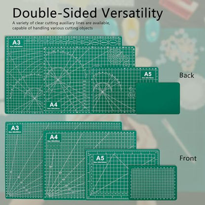 4Pcs 5-Layer Double Sided Cutting Mat Anti-Slip Rotary Cutting Board | 4 sizes(A3/A4/A5/A6) dual-scale(cm/inch) 45°/60° angle guides non-slip base high-density PVC green low-glare for fabric craft