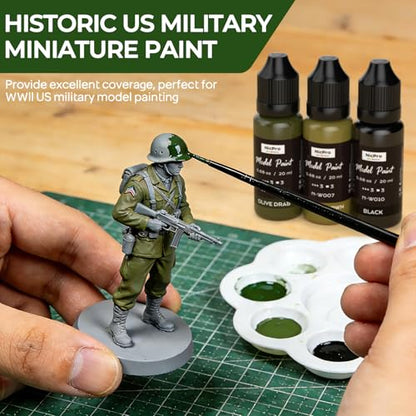 Nicpro 10 Colors WWII U.S. Model Paint Set, 20ml Ready to Use | Modeling Acrylic Paints, Brush & Airbrush, Miniature Paint for American Armour, Tank, Vehicles & Infantry Figure with Thinner - style: WWII U.S.