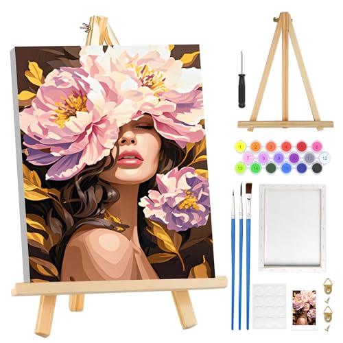 MOGTAA Flowers Girls Paint by Numbers Kit for Adults Beginners with Frame, Adult Paint by Number Kits on Canvas with Easel, Easy DIY Oil Painting Kits for Home Decor, 8x12in - color: Flowers Girls