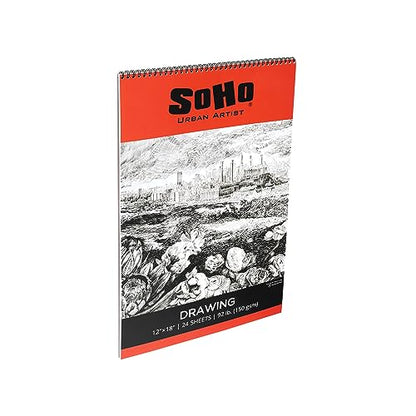 SoHo Urban Artist Softcover Drawing Pad - 12"x18" - 92 lbs/150gsm, Mixed Media, 24 Dual-Sided Sheets, Acid-Free, Wire-Bound, Micro-Perforated, Repeated Erasing & Reworking - size: 12"x18"