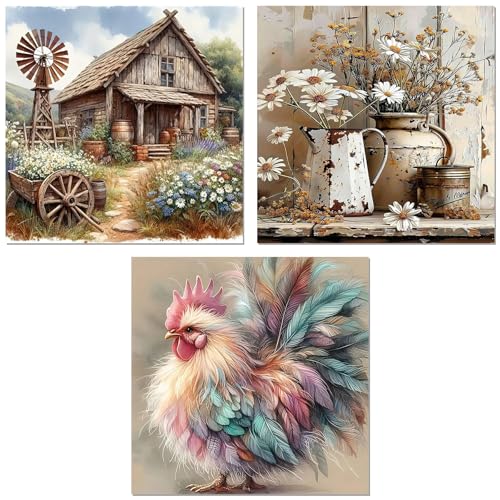 Ekuxom 3 Pack Diamond Art Kits for Adults-Rustic Farmhouse Diamond Painting | 5D DIY Round Full Drill Diamond Dot Gem Art Crystal Kits for Home Wall Decor 14x14inch - color: Farmhouse