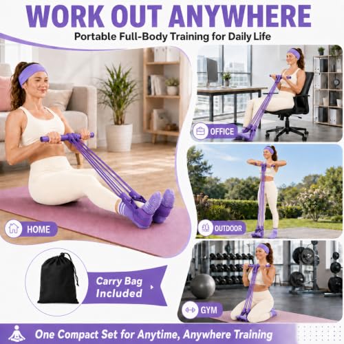 Pedal Resistance Band, Stitched Anti-Snap Elastic Pull Rope Fitness Equipment, 3-in-1 Home Workout Exercise Bands Set with Pilates Grip Socks & Headband - color: Purple, size: 95LB