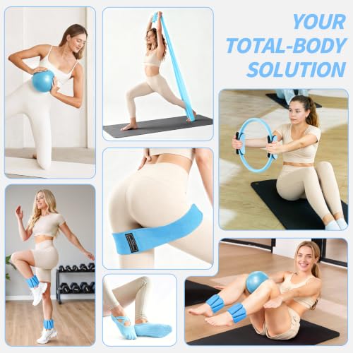 NANATI Pilates Kit, Home Pilates Workout Kit for Women, Pilates Equipment with 14.5"" Pilates Ring and Ball, Resistance Bands, Ankle Weights, Sliders & Grip Socks for Home Workouts - color: Blue
