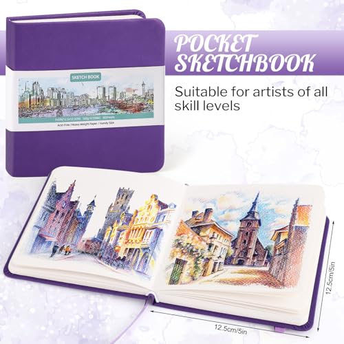 5" × 5" Hardcover Small Sketchbook, 80 Sheets, 160gsm Tiny Notebook, Purple | Acid-Free Heavy Paper, Elastic Closure, Ribbon Bookmark, Travel Size, for Pencil, Ink & Markers - color: Violet